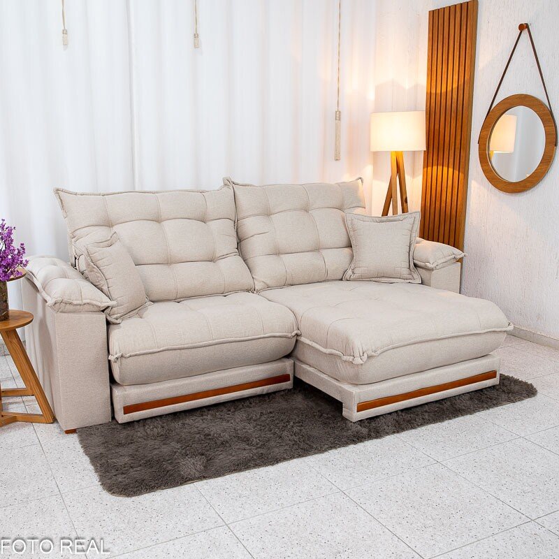 Sofá Retrátil Reclinável Barcelona 2.30m Linho Bege 459 C/ 2 Almofadas - D33 e Molas Ensacadas Pocket - Imagem 2