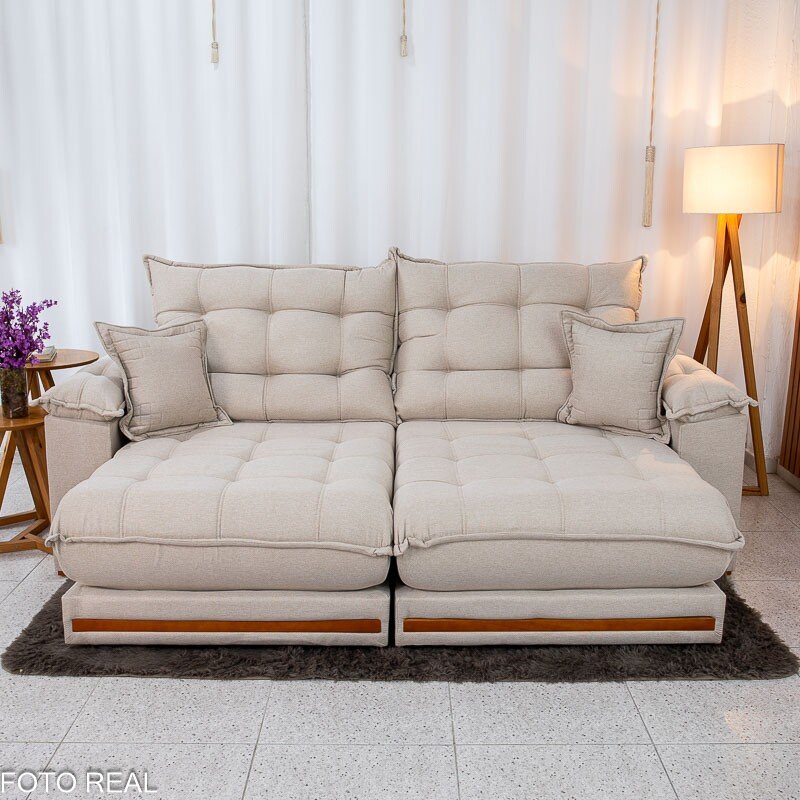 Sofá Retrátil Reclinável Barcelona 2.30m Linho Bege 459 C/ 2 Almofadas - D33 e Molas Ensacadas Pocket - Imagem 4