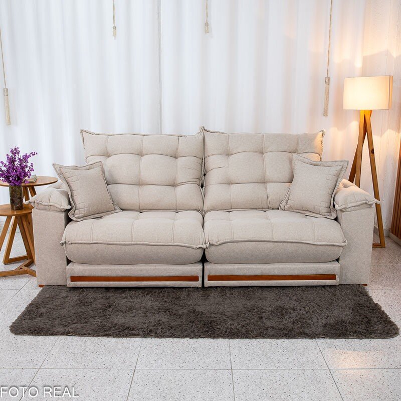 Sofá Retrátil Reclinável Barcelona 2.30m Linho Bege 459 C/ 2 Almofadas - D33 e Molas Ensacadas Pocket - Imagem 5