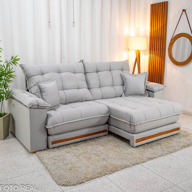 Sofá Retrátil Reclinável Barcelona 2.30m Linho Cinza Claro 461 C/ 2 Almofadas - D33 e Molas Ensacadas Pocket - Imagem 3