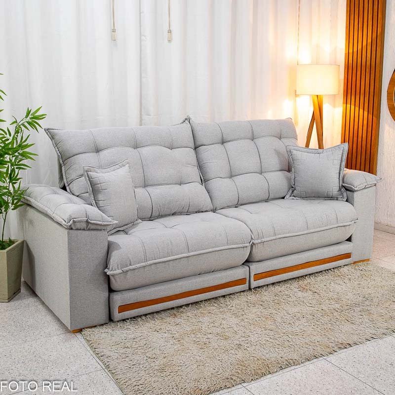 Sofá Retrátil Reclinável Barcelona 2.50m Linho Cinza Claro 461 C/ 2 Almofadas - D28 e Molas Ensacadas Pocket - Imagem 2
