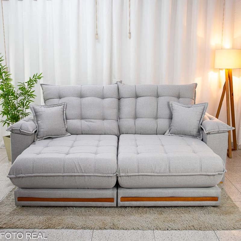 Sofá Retrátil Reclinável Barcelona 2.50m Linho Cinza Claro 461 C/ 2 Almofadas - D28 e Molas Ensacadas Pocket - Imagem 4