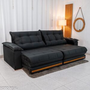 Sofá Retrátil Reclinável Barcelona 2.90m Veludo Preto 322 - D33 e Molas Ensacadas
