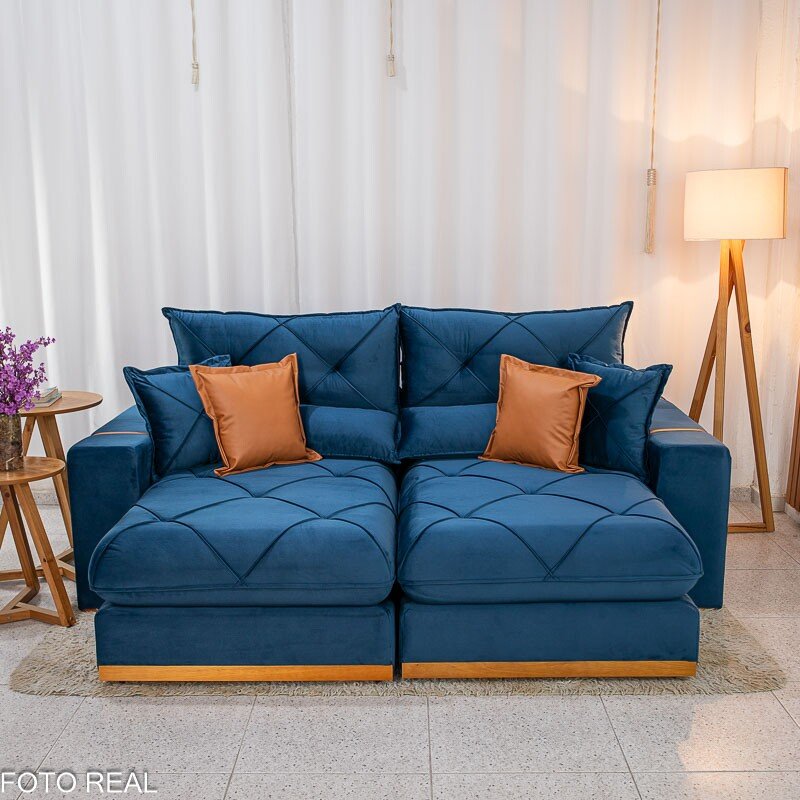 Sofá Retrátil Reclinável Gran Bello 2.50m Veludo Azul 03 - Molas Ensacadas Pocket - Imagem 4