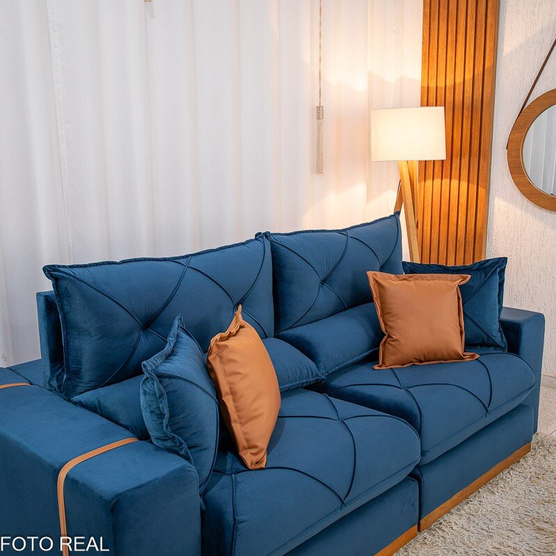Sofá Retrátil Reclinável Gran Bello 2.50m Veludo Azul 03 - Molas Ensacadas Pocket - Imagem 6