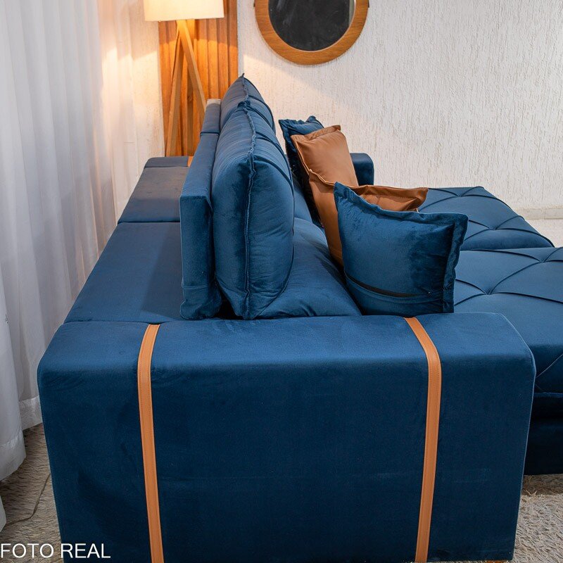 Sofá Retrátil Reclinável Gran Bello 2.50m Veludo Azul 03 - Molas Ensacadas Pocket - Imagem 8