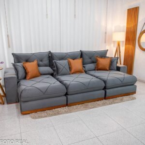 Sofá Retrátil Reclinável Gran Bello 3.20m Veludo Cinza - Molas Ensacadas