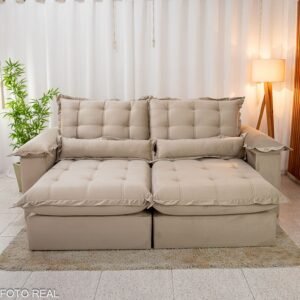 Sofá Retrátil Reclinável Maldivas 2.30m Veludo Bege A32 - D28 Pró Aditivada