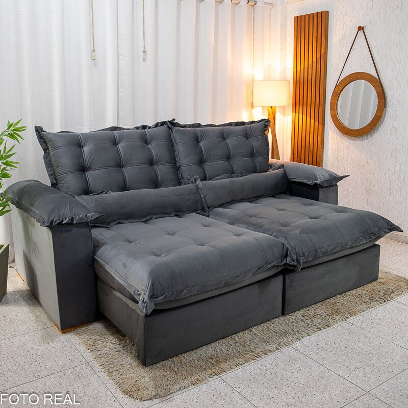 Sofá Retrátil Reclinável Maldivas 2.50m Veludo Grafite A15 - D28 Pró Aditivada
