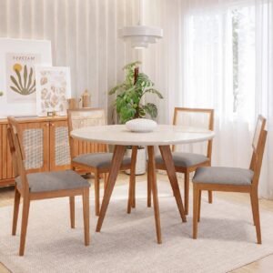 Mesa Redonda Acerola 109 (C/Vidro) Madeira/Off White com 4 Cadeiras Palmas Linho Cinza Grafite – CIMOL