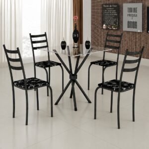 Mesa 4 Cadeiras Marabá (Tampo Vidro Quadrado) Preto/Preto Lírio - TEIXEIRA