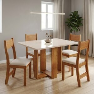 Mesa Tókio/Teka 120 Mel/Blonde/Off White com 4 Cadeiras Brisa Veludo Marfim – VIERO MÓVEIS