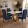 Mesa Maria 120 Imbuia/Off White com 4 Cadeiras Quartzo/Safira Veludo Azul – A&A CONCEITO + KM DECOR