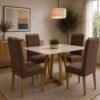 Mesa Maria 120 Imbuia/Off White com 4 Cadeiras Quartzo/Safira Veludo Marrom – A&A CONCEITO + KM DECOR