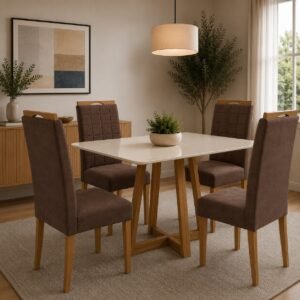 Mesa Maria 120 Imbuia/Off White com 4 Cadeiras Quartzo/Safira Veludo Marrom – A&A CONCEITO + KM DECOR