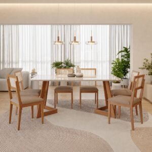 Mesa Caju 180 (C/Vidro) Madeira/Off White com 6 Cadeiras Palmas Linho Bege – CIMOL