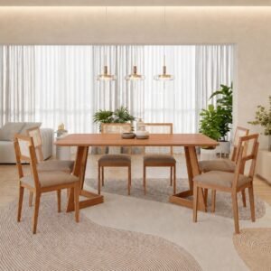 Mesa Caju 180 (S/Vidro) Madeira/Off White com 6 Cadeiras Palmas Linho Bege – CIMOL