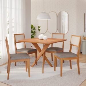 Mesa Cacau 95 (S/Vidro) Madeira/Off White com 4 Cadeiras Encanto Linho Cinza Grafite – CIMOL