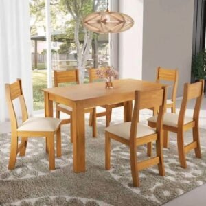Mesa de Jantar Fucsia Mel 136×75 com 6 Cadeiras Brisa Assento Veludo Marfim - Viero