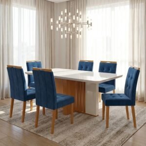 Mesa Astrid (Tampo Maxi) 170 Amêndoa Clean/Off White com 6 Cadeiras Sophia Veludo Azul – LOPAS + WM DECOR