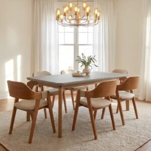 Mesa Londrina 180 Naturale/Off White com 6 Cadeiras Pérola Linho Areia– RUFATO + WJ DECOR