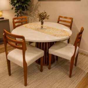 Mesa Lavanda BA45 135 Canela/Off White com 4 Cadeiras Turquia Mel/Linho Palha 311A – KAPPESBERG + HR MOVELARIA