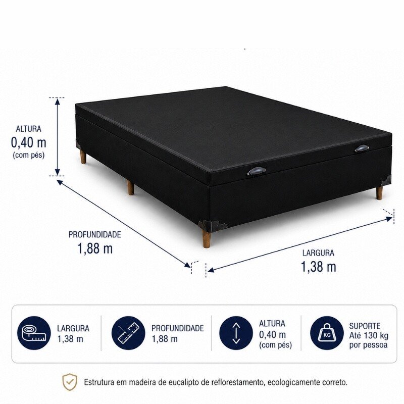 Colchão Casal Molas Ensacadas Dom Bioflex + Base Box Baú Casal Carioca Sued Preto Blindado Bioflex - 138x188x72 - Imagem 13