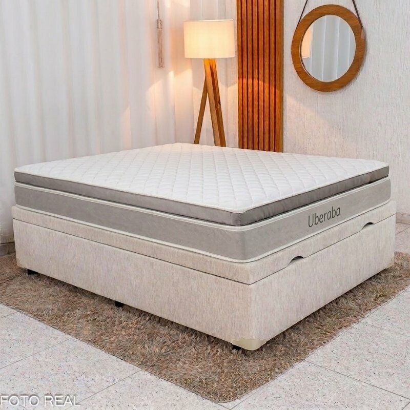 Colchão Casal Espuma Viscoelástica Uberaba ColchoMinas + Base Box Baú Casal Confort Linhão Palha Blindado Issacar - 138x188x75