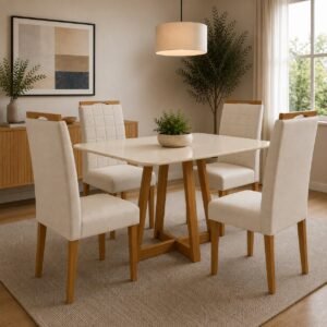 Mesa Maria 120 Imbuia/Off White com 4 Cadeiras Quartzo/Safira Veludo Bege – A&A CONCEITO + KM DECOR