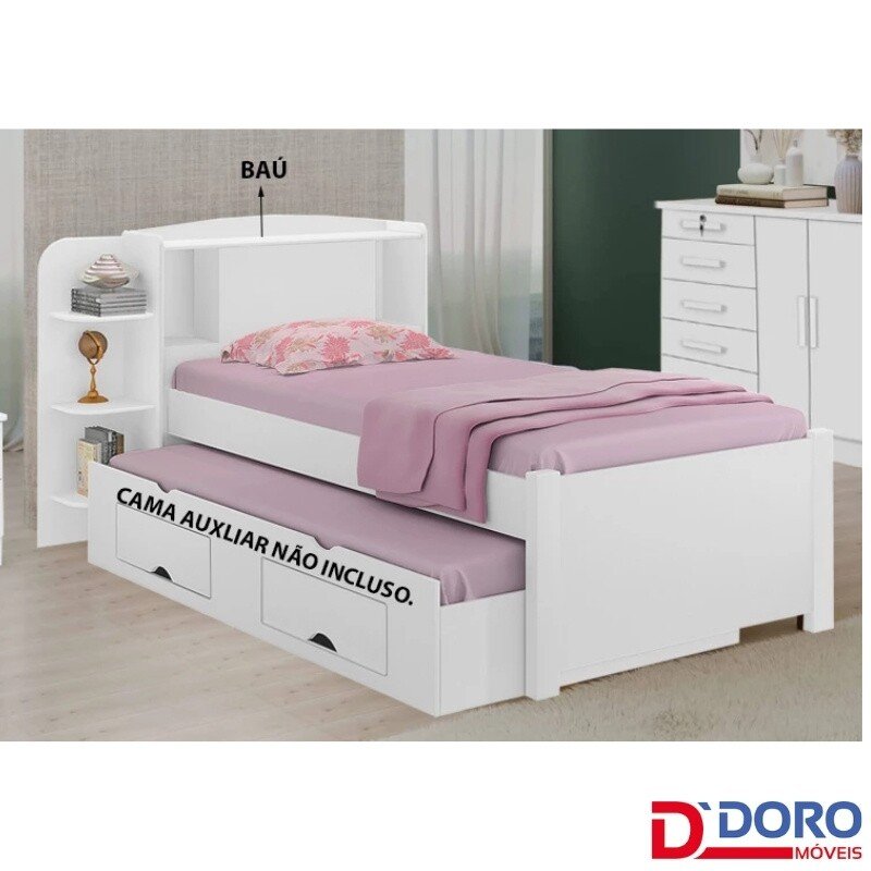 Cama Solteiro Milênio Branca Cabeceira com Baú - D Doro