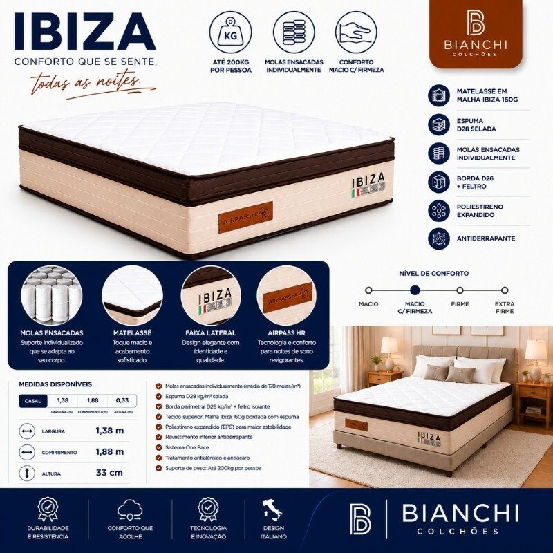 Colchão Casal Molas Ensacadas Ibiza Bianchi 138x188x33 cm | Suporta até 400kg - Imagem 3