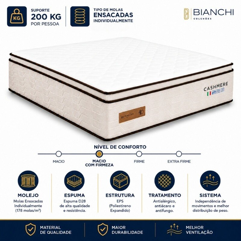 Colchão Queen Molas Ensacadas Cashmere Prime Bianchi 158x198x35 cm | Suporta até 400kg - Imagem 6