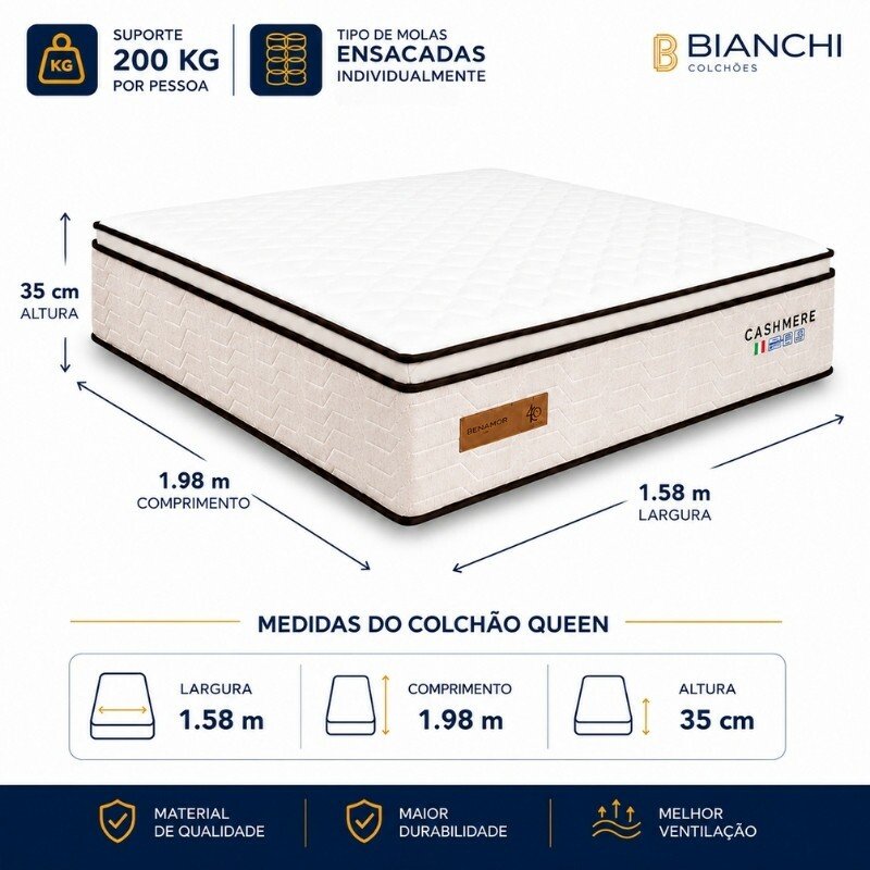 Colchão Queen Molas Ensacadas Cashmere Prime Bianchi 158x198x35 cm | Suporta até 400kg - Imagem 2