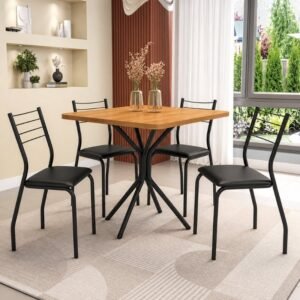 Mesa de Cozinha Creta Tampo Madeira 90x90 Canela com Base Creta Preto Fosco + 4 Cadeiras Malta Preto Fosco Assento em Korino Preto - Kappesberg