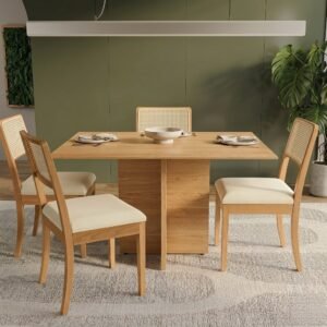 Mesa Pérola 120 Imbuia Mel (Tampo Viena s/vidro) com 4 Cadeiras Lola Linho Areia A085A – CARVALHO DECOR + KAPPESBERG