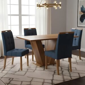 Mesa Classic 120 Cinamomo Laminado com 4 Cadeiras Sophia Veludo Azul – CEL MÓVEIS + WM DECOR