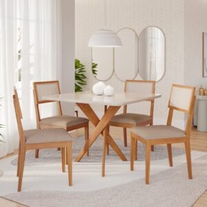 Mesa Cacau 95 (C/Vidro) Madeira/Off White com 4 Cadeiras Encanto Linho Bege – CIMOL