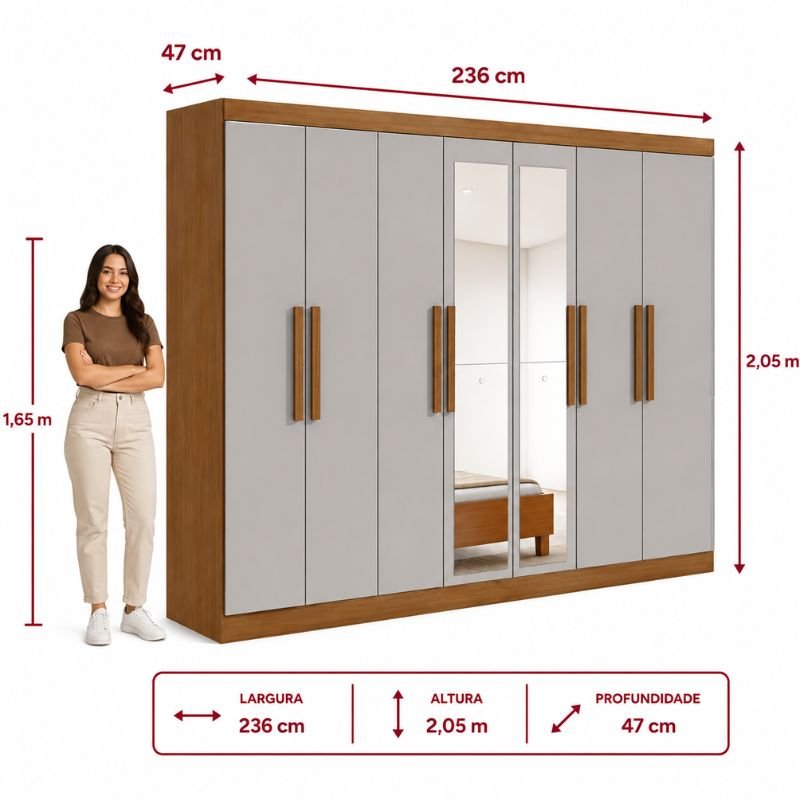 Guarda-roupa Casal 2.36m Andara Amêndoa Clean/Off 8 Portas 4 Gavetas com Espelho - Lopas - Imagem 6