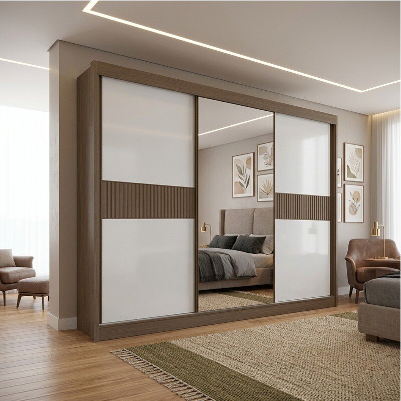 Guarda-roupa Casal Los Angeles Castanho/Off 3 Portas 6 Gavetas C/ 1 Espelho Detalhe Ripado Portas Flex 100% MDF Larg. 2.73m - D Doro