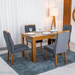Mesa Athenas 120x80 Amêndoa Clean Tampo Maciço Lopas + 4 Cadeiras Gênova Veludo Cinza 507 Estrutura Madeira Art Assentos | Entregue Montada