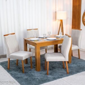 Mesa Athenas 120x80 Amêndoa Tampo Maciço Lopas + 4 Cadeiras Lisboa Veludo Bege 512 Estrutura Madeira Art Assento | Entregue Montada