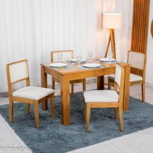 Mesa de Jantar Athenas 120x80 Amêndoa Clean Lopas + 4 Cadeiras Cantiga Boucle Bege em Madeira Bechara | Entregue Montada