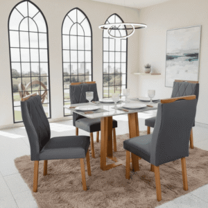 Mesa Bali 120×80 Vidro Off/Base Madeira Minas Plac + 4 Cadeiras Lisboa Veludo Cinza 507 Madeira Art Assento - Entregue Montada
