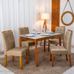 Mesa de Jantar Alegra 120×80 Vidro Off Base em Madeira JCM + 4 Cadeiras Londres Veludo Avelã Estrutura em Madeira Minas Plac - Entregue Montada