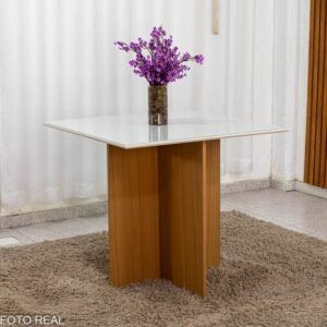 Mesa de Jantar Helo 90×90 Vidro Off/Base Freijó - Poliman