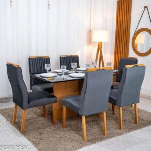 Mesa de Jantar Moscou 160x80 Vidro Preto/Base Cinamomo - Minas Plac + 6 Cad. Gênova Veludo Cinza 507 Madeira Art Assentos - Entregue Montada