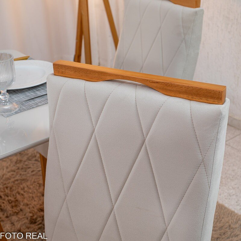 Mesa de Jantar Pedro 120x80 Vidro Off/Base Madeira + 4 Cad. Lisboa Veludo Bege 512 Madeira Art Assento - Entregue Montada - Imagem 7
