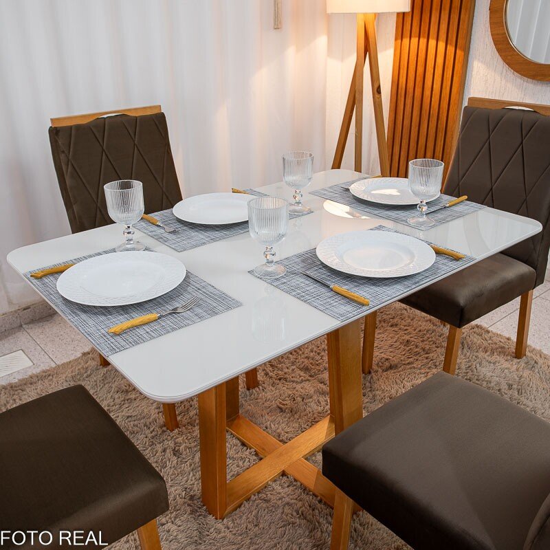 Mesa de Jantar Pedro 120x80 Vidro Off/Base Madeira + 4 Cad. Lisboa Veludo Marrom 509 Madeira Art Assento - Entregue Montada - Imagem 2