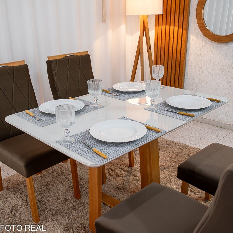 Mesa de Jantar Pedro 120x80 Vidro Off/Base Madeira + 4 Cad. Lisboa Veludo Marrom 509 Madeira Art Assento - Entregue Montada - Imagem 5