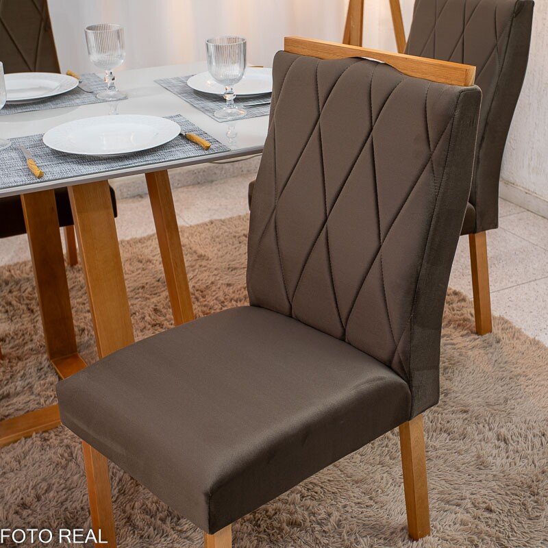 Mesa de Jantar Pedro 120x80 Vidro Off/Base Madeira + 4 Cad. Lisboa Veludo Marrom 509 Madeira Art Assento - Entregue Montada - Imagem 7